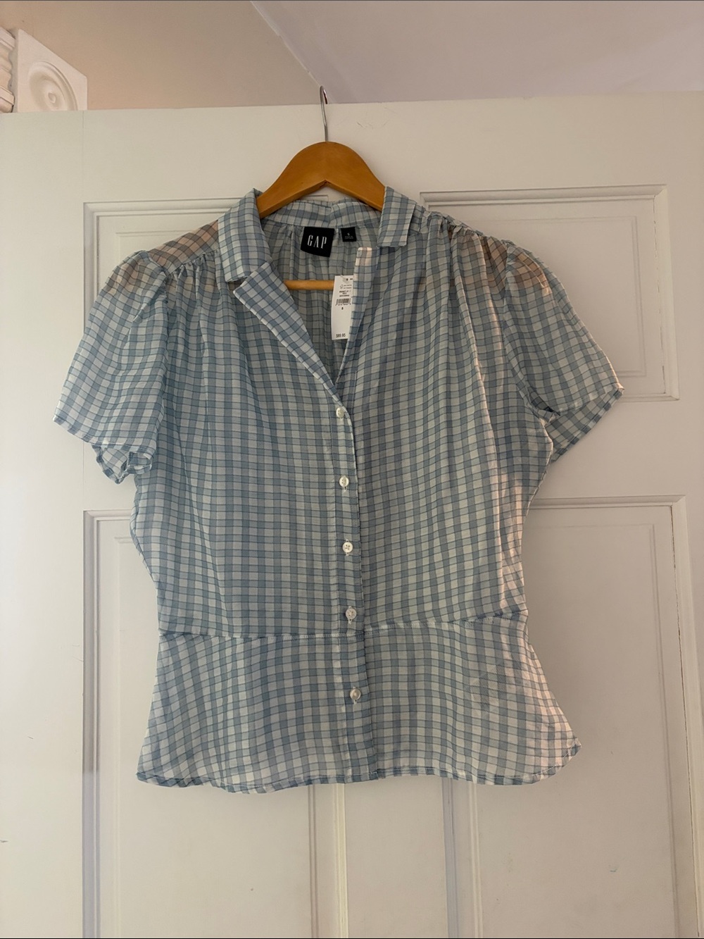 GAP Light Blue Gingham Puff Sleeve Button-Front Blouse